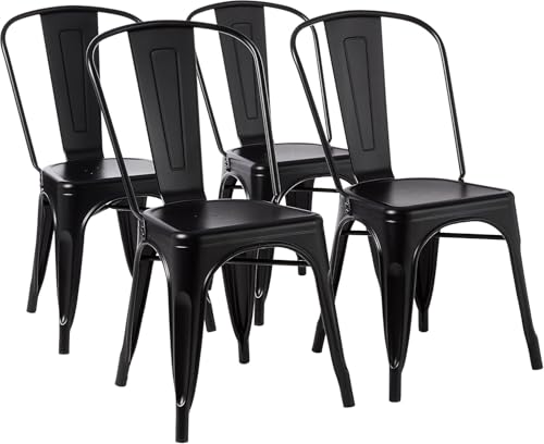 Image of HOM4NISH Metal Stacking Dining Chairs with Backrest Set of 4 Lightweight Indoor Outdoor Chairs for Home Garden Patio Bar (Matte Black)
