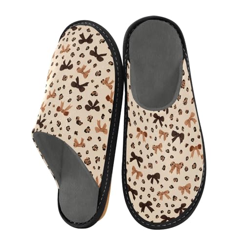 Slippers for Women Brown Leopard Print Bow Pattern Soft Winter Warm Shoes Indoor Outdoor Non-Slip House Travel Slippers
