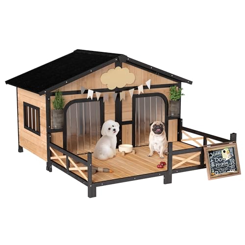 PawHut Wooden Large Dog House Outdoor Double XL Dog Kennel with Elevated Floor and Porch, Weatherproof Puppy Shelter for Small and Medium Breed Dogs, Natural