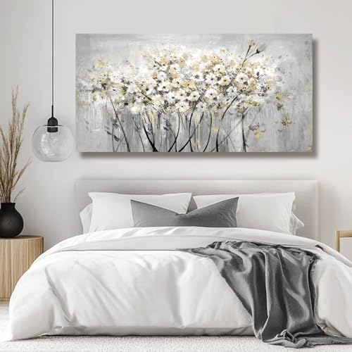 Image of Flowers Canvas Wall Art White Paintings Grey Gold Contemporary Artwork Master Bedroom Wall Decor 29 inchx 58 inch Large Framed Art for Living Room Office Home Decor