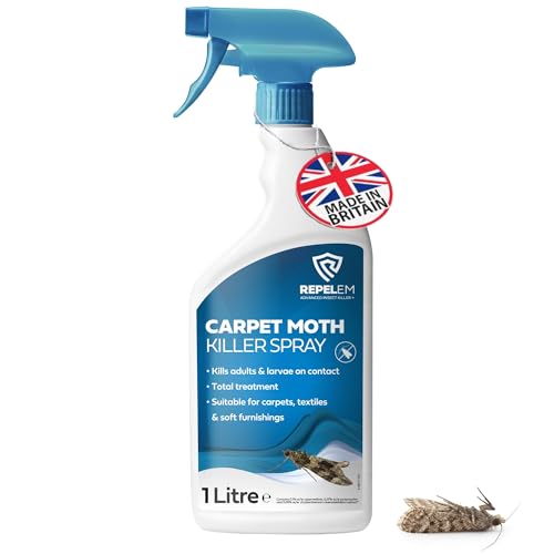 REPELEM Carpet Moth Killer Spray - Large 1L Instant Action Moth Killer & Moth Repellent Kills Moths at All Life Stages Non-Staining Professional Strength Carpet Insect Killer 3 Months Protection