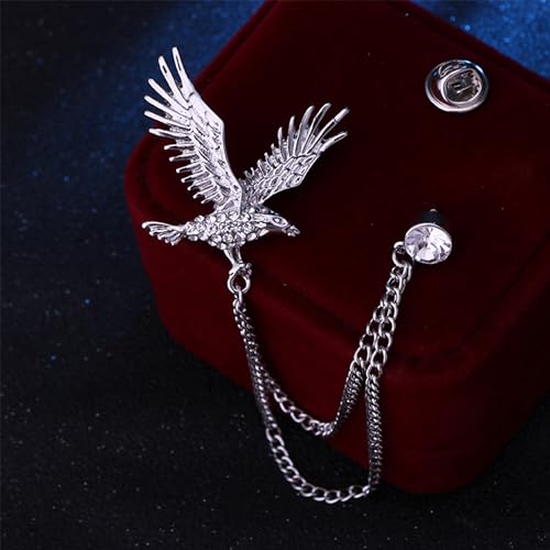Image of Vintage Hawk Chain Brooch Pin Animal Eagle Bird Long Chain Tassel Suit Lapel Pin Rhinestone Hawk Badge Pin Jewelry for Men Women