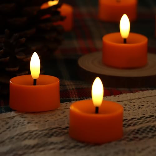 Image of CANDLE CHOICE Battery Operated Flameless Tea Lights Realistic Black Wick Bright Flickering LED Tealight Candles Wedding Table Centerpieces Halloween Christmas Decorations Batteries Incl. 6 Pack Orange