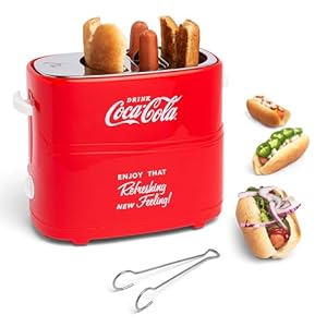 Nostalgia Coca-Cola 2 Slot Bun Mini Tongs, Hot Dog Toaster Works with Chicken, Turkey, Veggie Links, Sausages and Brats, Retro Red
