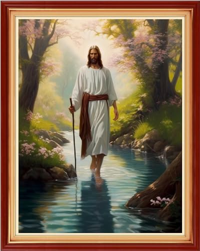 Image of Dimxvean Stamped Cross Stitch Kits,Cross Stitch Kits for Adults Beginners,Embroidery Kits Full Range of Cross Stitch Stamped Kits Needlepoint Kits Cross Stitch Patterns-Forest Jesus 16x20 inch