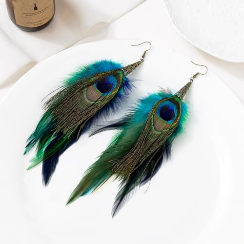 Bohemian Pheasant Peacock Long Feathers Statement Earrings Handmade Natural Lightweight Feather Dangle Earrings for Women (ea000071)4