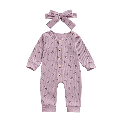 COORALLY Infant Baby Girl Ruffle Jumpsuit Floral Long Sleeve Button Knitted Romper with Headband 2PC Clothes (A-Purple, 3-6 Months)