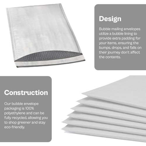 PSBM Bubble Poly Mailers, 8.5x12 Inch, 100 Pack, Padded Shipping Envelope Mailers, White/Grey, Self Seal and Peel Strip