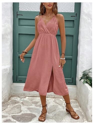 Image of SweatyRocks Women's Tie Backless Split Midi Dresses Sleeveless V Neck Textured Summer Dress