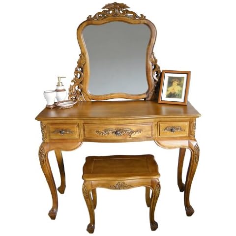 French Furniture, SOLID WOOD Handcarved French Dressing Table Set with Mirror Cover