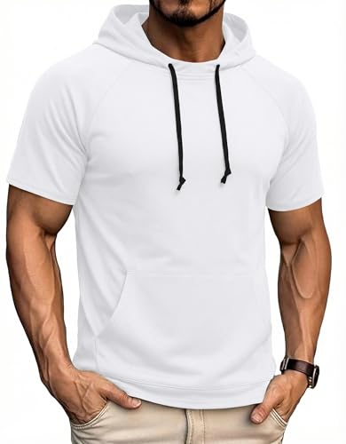 COOFANDY Men's Short Sleeve Hoodies Outdoor Athletic Tops Casual Summer Gym Hooded for Men White S