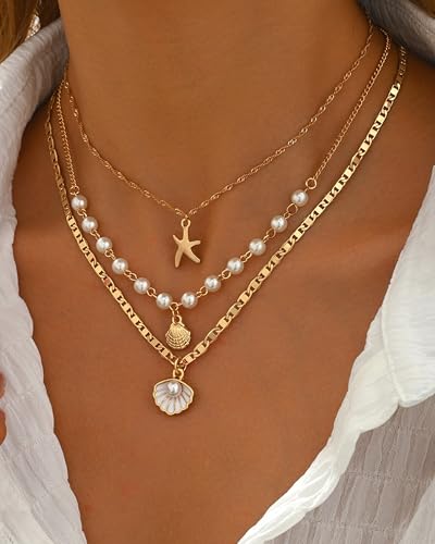 Charm Shell Necklace for Women Layered Gold Seashell Starfish Pearl Necklaces 14k Gold Plated Stackable Neck Chain Summer Beach Hawaiian Jewelry Accessories for Her3