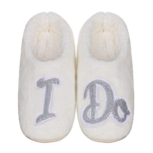 ZYZX Womens Wedding Slipper Socks/Fuzzy White Sequin Bling Metallic Shine Sofe Sole House Slippers/Non Slip Bride Gifts Socks with Grippers2