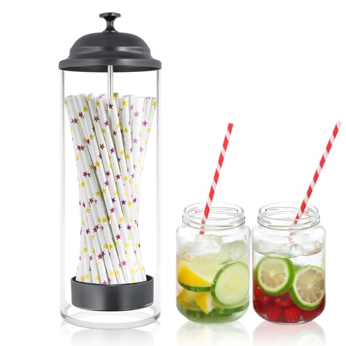 Dewocke Strohhalmspender, Strohhalm-Spender für Theke, Transparenter Glas-Trinkhalm-Behälter mit Deckel, Up-Strohhalmdeckel-Organizer für Strohhalme, Rührstäbchen, Kurze