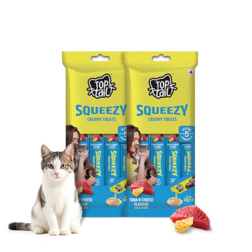 Image of Squeezy Creamy Treat for Cat | Tuna & Cheese Flavour | 120 Grams, Combo Pack of 2 x 60g (12g x 10 Sachets) | Lickable Treats for Cats, Rich in Omega-3 & 6 Fatty Acids