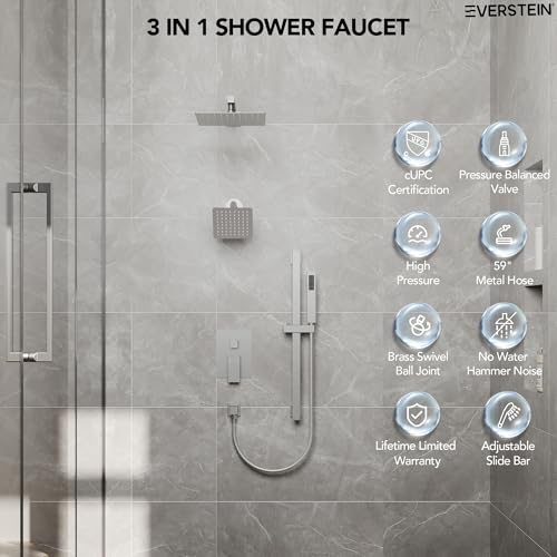 Image of 10 inch High-Pressure Rainfall Shower Faucet with Handheld Spray, Wall Mount Dual Shower Head System with Slide Bar (Brushed Nickel)