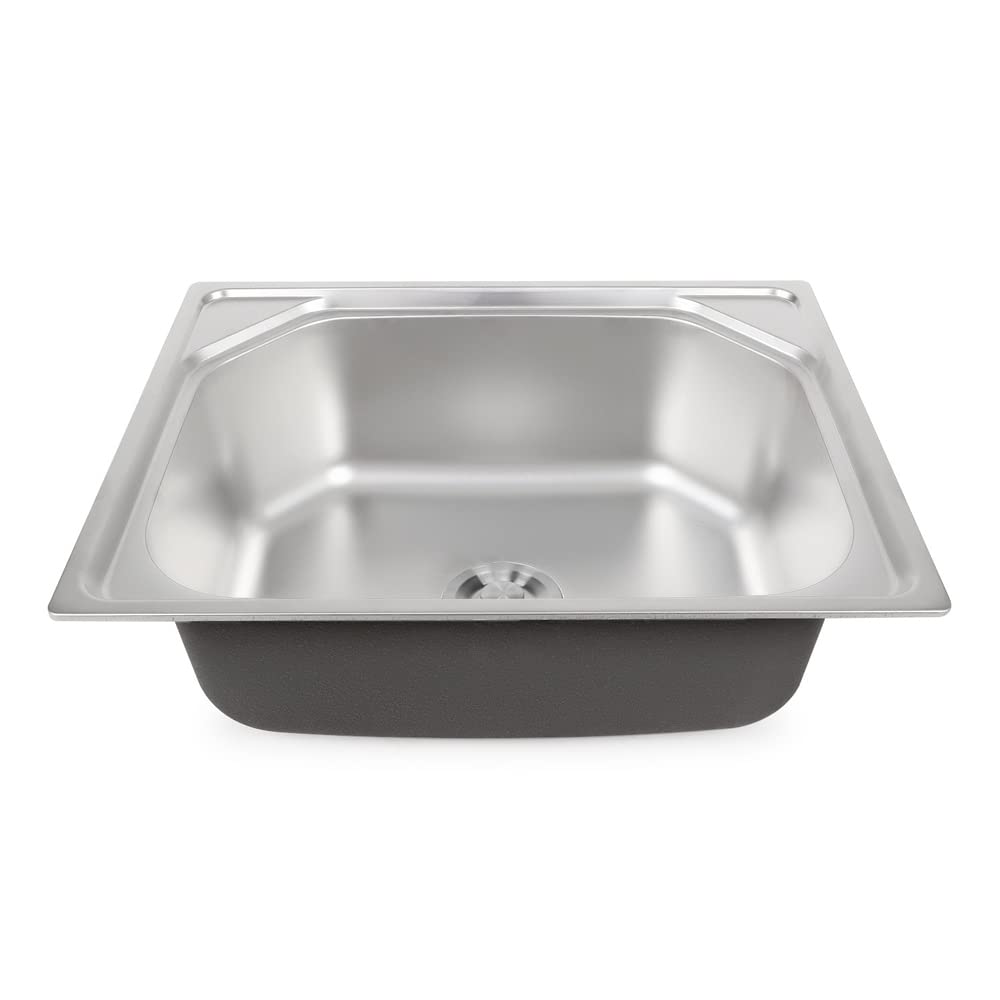 Messina 24" X 18" X 10" Stainless Steel Sink For Kitchen Handmade Sink Single Bowl Matt Chrome Finish With Sound Proof Pads | Waste Pipe | Square Coupling