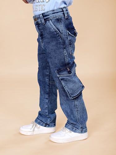 Image of KiddoPanti Boys Cargo Pants | 100% Cotton Twill | Comfortable Regular Fit | Elastic Waistband & Zip Fly | 6 Pocket Lower for Kids | Full-Length Casual Wear