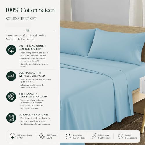 Image of Feather & Stitch 500 TC King Size 4pc Damask Bed Sheet Set, 100% Soft Cotton Breathable Bedsheets, 18 inch Deep Pockets Sateen Weave Solid Bedding Mattress Resort Hotel Luxury Decor - (Feather Blue)