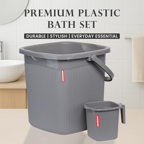 Image of Modware Square Ribbon Plastic Bucket Set with Mug | 20 L Bathroom Bucket with Handle + 1L Mug | Heavy-Duty Polypropylene + Co-Polymer | Stylish & Durable Bath Set (Grey)