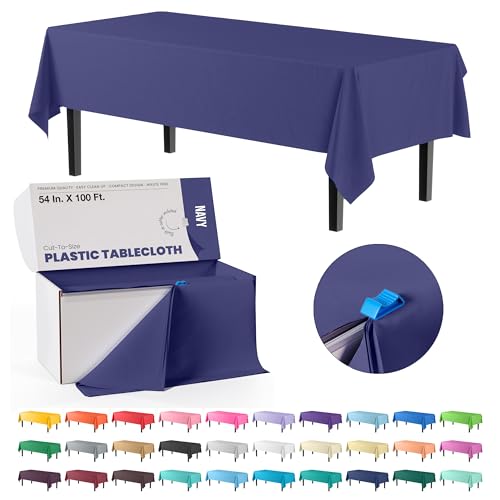 Image of Exquisite Party Solids 54 Inch X 100 Feet Navy Plastic Table Cover Roll in A Cut - to - Size Box with Convenient Slide Cutter. Cuts Up to 12 Rectangle 8 Feet Plastic Disposable Tablecloths