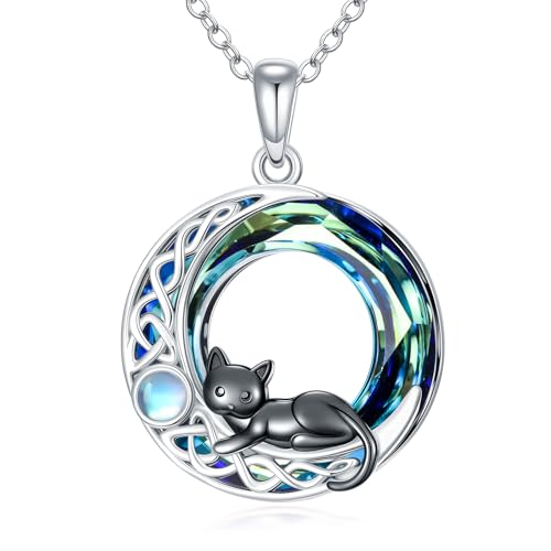 TOUPOP Cat Necklace Gifts for Women Sterling Silver Celtic Mounatin Moon Pendant with Blue Crystal Birthday Christmas Jewelry Gifts for Women