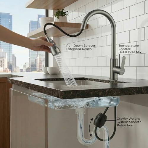 Image of EVANEX Kitchen Facuet | 304 Stainless Steel Pull Out Kitchen Faucet | 360 Degree Rotating Kitchen Tap for Sink | Water Saving Aerated Flow | Deck Mounted Sink Faucet