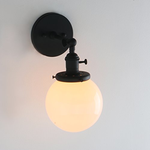 Permo Vintage Industrial Wall Sconce Lighting Fixture With Mini 5.9" Round Globe Milk White Glass Hand Blown Shade (Black) #TOP4