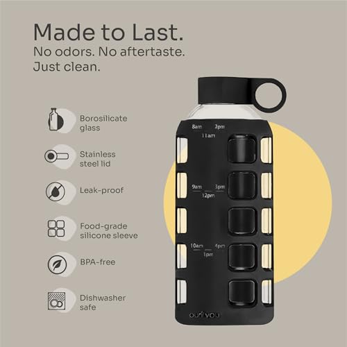 Image of purifyou 40oz / 32oz / 22oz / 12oz Borosilicate Glass Water Bottle with Time & Volume Markers, Silicone Sleeve, Stainless Steel Lid | Reusable Glass Bottle for Water & Juice (22oz Jet Black)