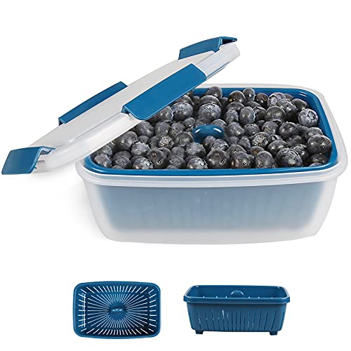 Greentainer Frischhaltedosen Schale mit Abtropfsieb ,2L Produce-Keeper, Küchensieb Salatschleuder, Rührschüssel, Käsedose, Waschenkorb mit Auslaufsicher Deckel für Obst Gemüse/62 oz Dose -Blau Cover