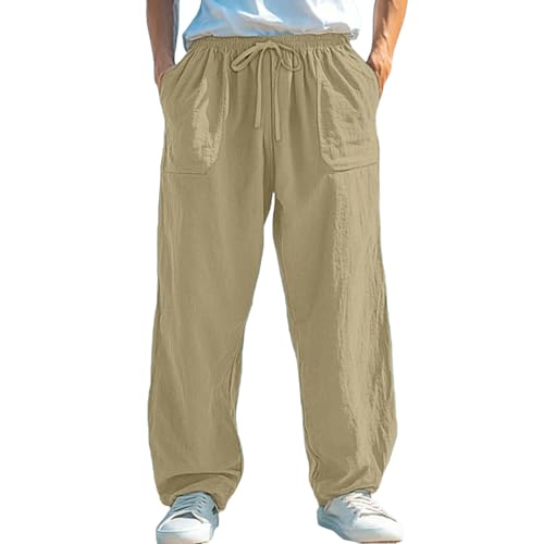 Xiaojmake Men's Casual Linen Long Pants Elastic Waist Drawstring Lightweight Beach Spring Pants Straight Leg Loose Trousers