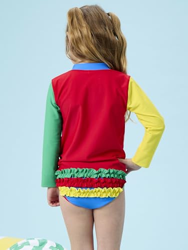 Image of RuffleButts Baby /Toddler Girls Long Sleeve Rash Guard 2 Piece Swimsuit Set w /UPF 50+ Sun Protection with Zipper