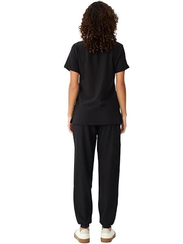 floralhue Scrubs for Women, V-Neck Scrubs Top & Cargo Pants with 10 Pockets, Black, 3XL