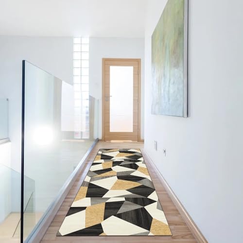 Alfombra para pasillo de 80 x 100 cm, diseño de retazos negro, amarillo y gris lavable 6