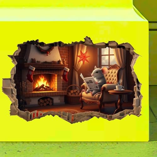 Cozy Mouse Wall Decal, 3D Fireplace Scene Decorative Sticker, Vinyl Home Decor (Cozy Holiday)
