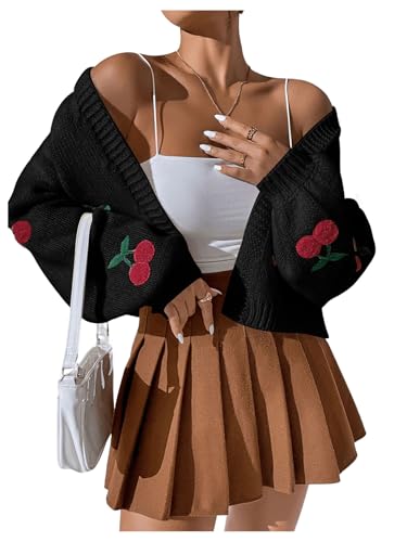 Image of GORGLITTER Women's Cherry Cropped Cardigan Sweaters Open Front Long Sleeve Cute Chunky Knit Short Cardigan Trendy