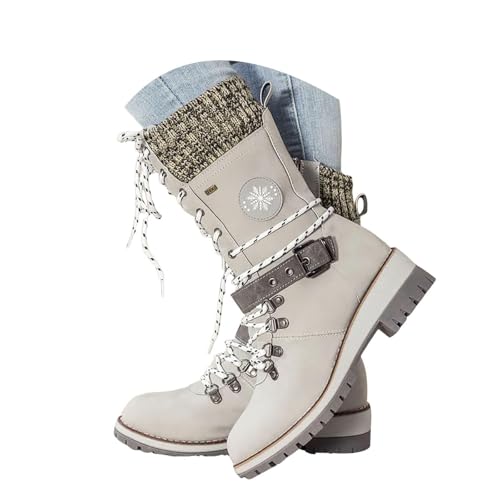 Women Buckle Knitted Mid Calf Boots Winter Warm...