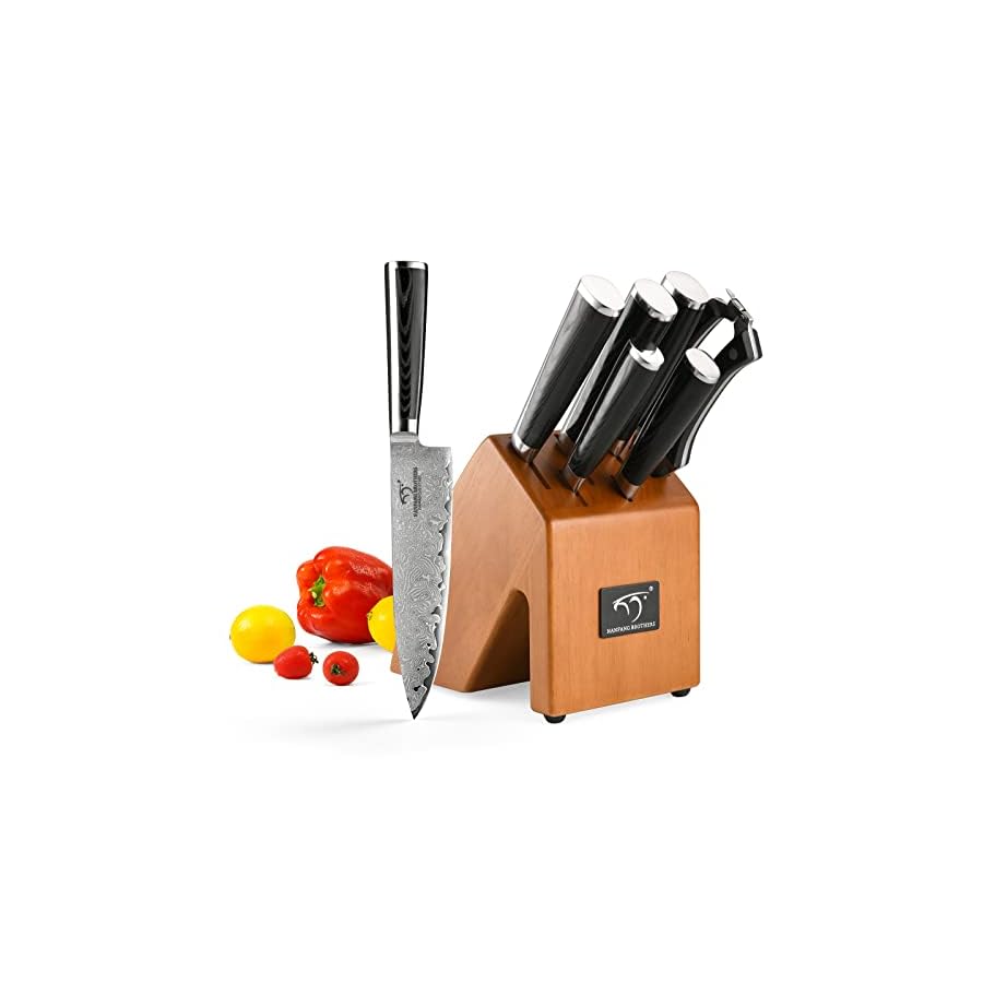 Knife Sets for Kitchen with Block, 7 Pieces Damascus Knife Set, VG10 Steel with Micarta Handle, Chef Knife Set and Kitchen Shear