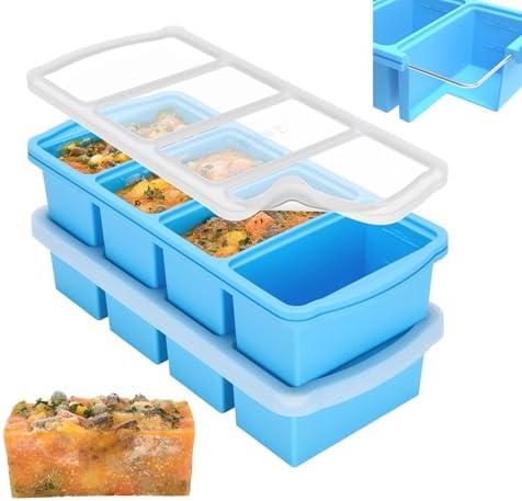 Silicone Freezer Trays with Lid,1-cup Soup Freezer Container large Ice Cube Molds with Reinforced Steel Ring Top for freezing Soup Sauce Broth Leftovers oven Dishwasher -Safe(2-Pack) - Thumbnail 2