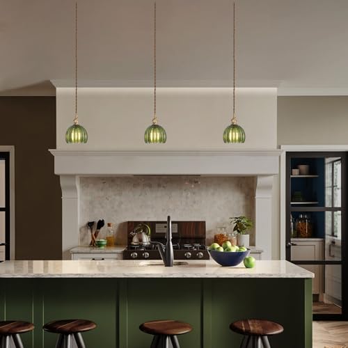 Image of Shenmoyl Pendant Light with Green Tulip Glass Lmapshade, Brass Vintage Pendant Light Adjustable Hanging Light for Kitchen Island Dining Room Hallway