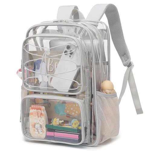 Yusudan Clear Backpack for Girls Women, Heavy Duty Transparent School Backpacks See Through PVC Bookbag for College Work Security Travel (Light Grey)