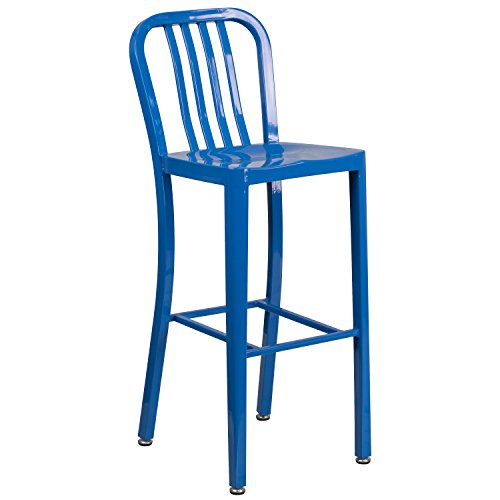 Flash Furniture Commercial Grade 30" High Blue Metal Indoor-Outdoor Barstool With Vertical Slat Back #TOP24