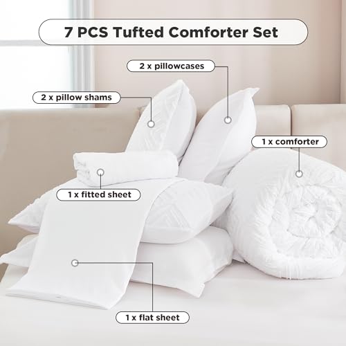 Image of Andency Oversized Queen Size Comforter Set with Sheets White - 7 Pieces Bed in a Bag Oversized Queen Boho Tufted Lightweight Bedding Sets with Comforter, Sheets, Pillowcases & Shams