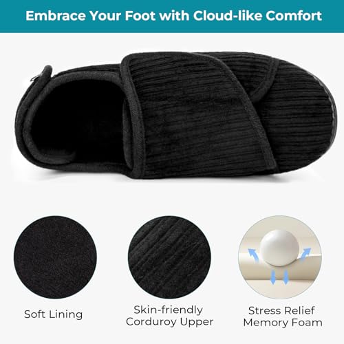 HomeTop Women's Corduroy Slippers Comfy Adjustable Hook and Loop Memory Foam Indoor Closed-back House Shoes for Diabetic Swollen Feet4