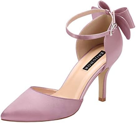 Wedding Evening Party Shoes Comfortable Mid Heels Pumps with Bow Knot Ankle Strap Wide Width Satin Shoes
