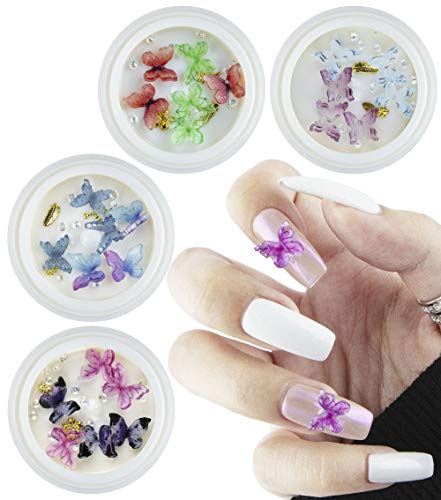 3D Butterfly Nail Charms,2-Color Rhinestones Nail Art Decals,Mixed with Flowers Crystals for Acrylic Nail Decoration,4 Box