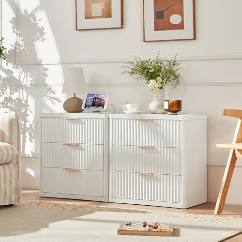 Image of LEYAOYAO 23 inch Wide Fluted Night Stand with Charging Station,3 Drawers Large End Table with Storage,White Nightstand Wood Bedside Tables, Farmhouse Cabinet Dresser for Bedroom,Closet