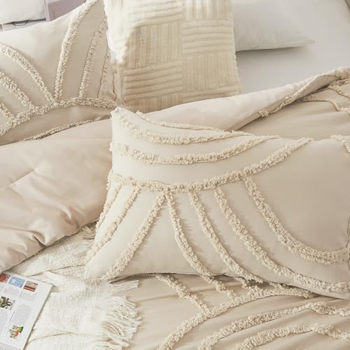 Image of ENJOHOS Boho Comforter Set 3PC, Full Size, Beige, Dorm Bedding Sets for College Girls, Tufted Rainbow Design, Fluffy Lightweight Breathable Microfiber Comfoter