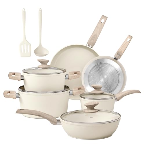 Kitchen Academy Topf und Pfannenset Topfset 12tlg Antihaft-Versiegelung Kochgeschirr Set mit Deckel, Töpfe und Pfannen set für Induktion, Gasherde und Mikrowelle, Beige