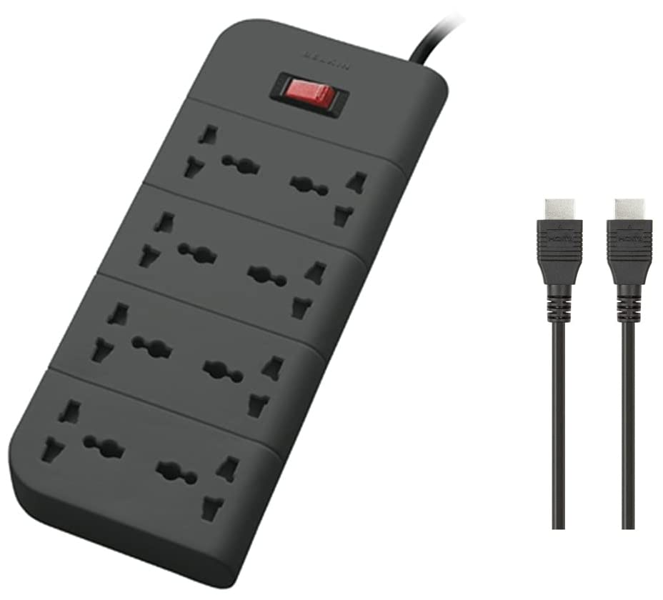 Image of Belkin Essential Series 8-Socket Surge Protector Universal Socket with 6.5ft Heavy Duty Cable (Grey) & High Speed HDMI Cable Supports Ethernet, 3D, 4K, 1080p, Audio Return for Television